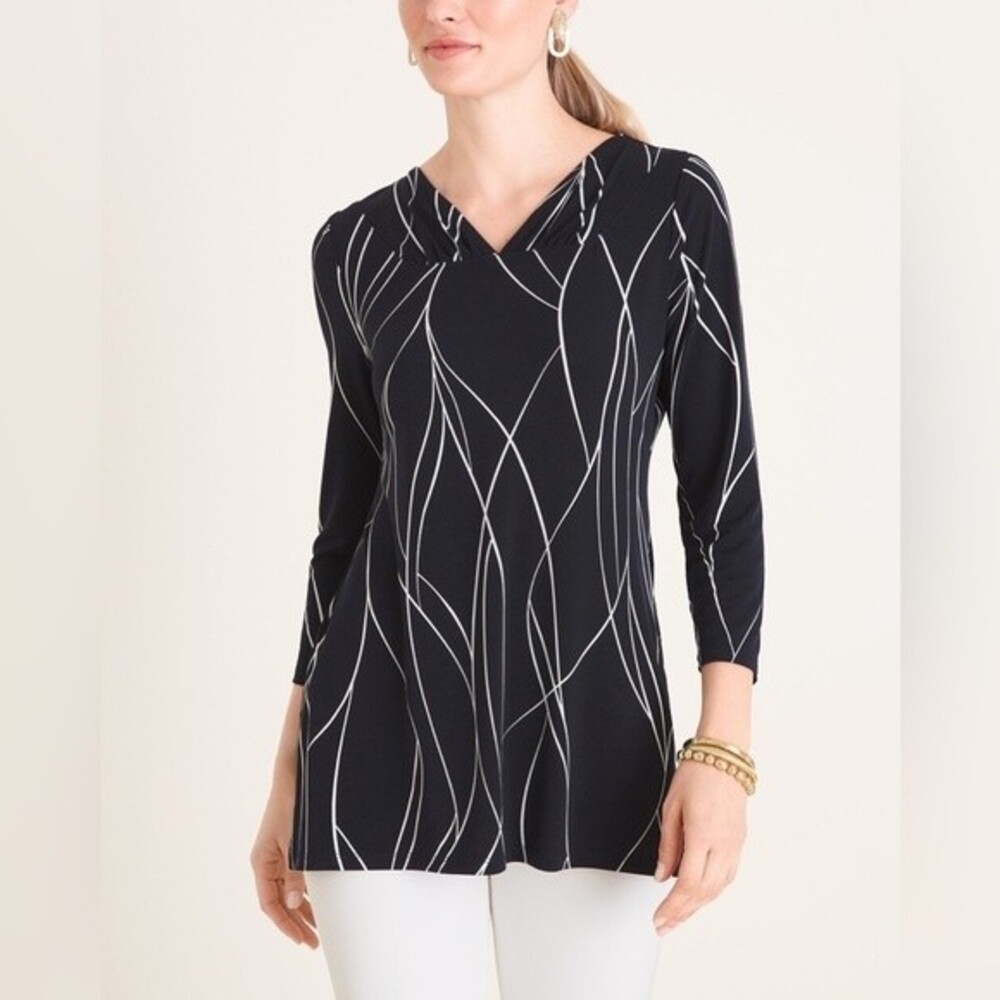 Chico's Printed Ruched-Neck Women's Top Blouse(Size M)